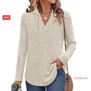 Long Sleeve V-Neck Hoodie Ribbed Knit Pullover Cozy Chic Fall Fashion